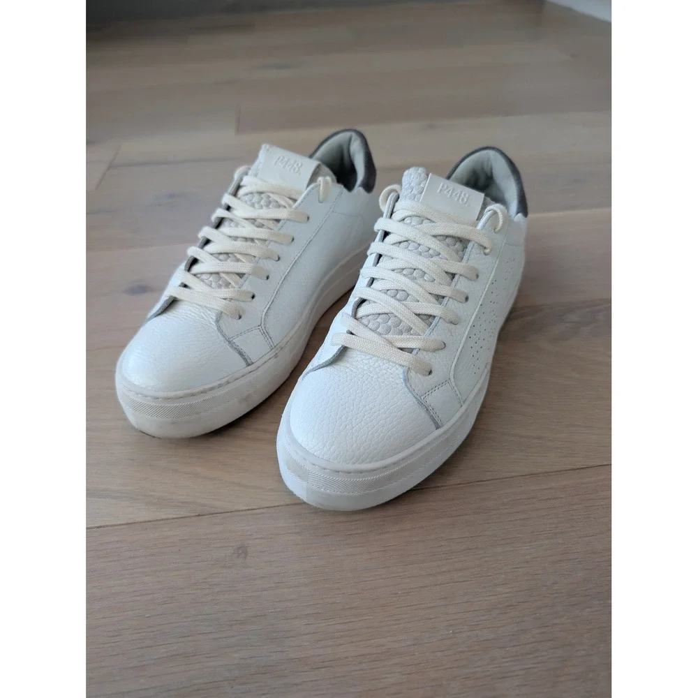 P448 John White Leather Sneakers Gray Suede Low Top US 9/EU 40